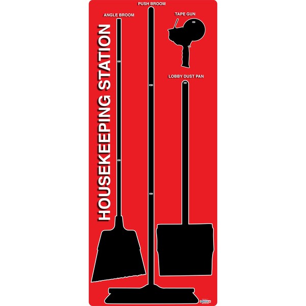 5S Housekeeping Shadow Board Broom Station Version 7 - Red Board / Black Shadows  With Broom